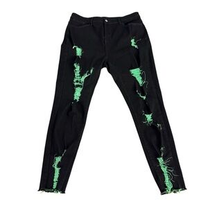 Stylish Black and Green Distressed Women Skinny Jeans